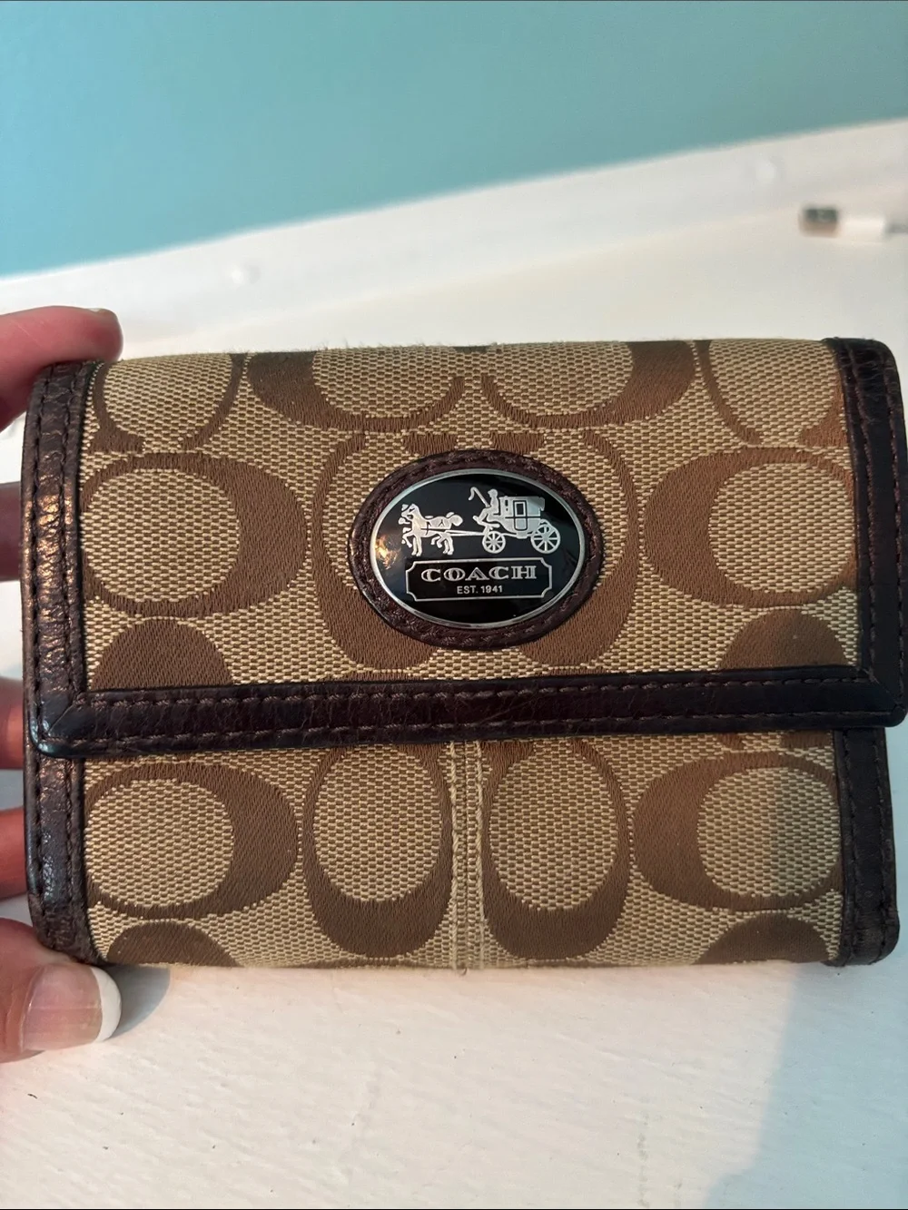 Coach Khaki and Brown Signature Canvas Wallet